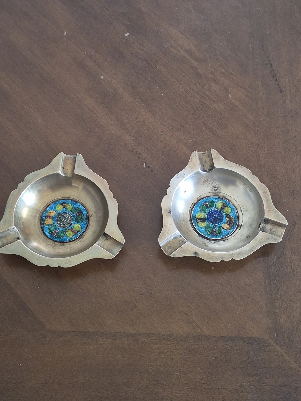 Pair of Antique Chinese Brass Ashtray With Enamel Bat Decoration